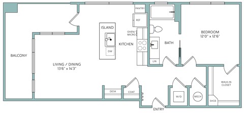 Floor plan for 1 bed, 1 bath, 786 sqft
